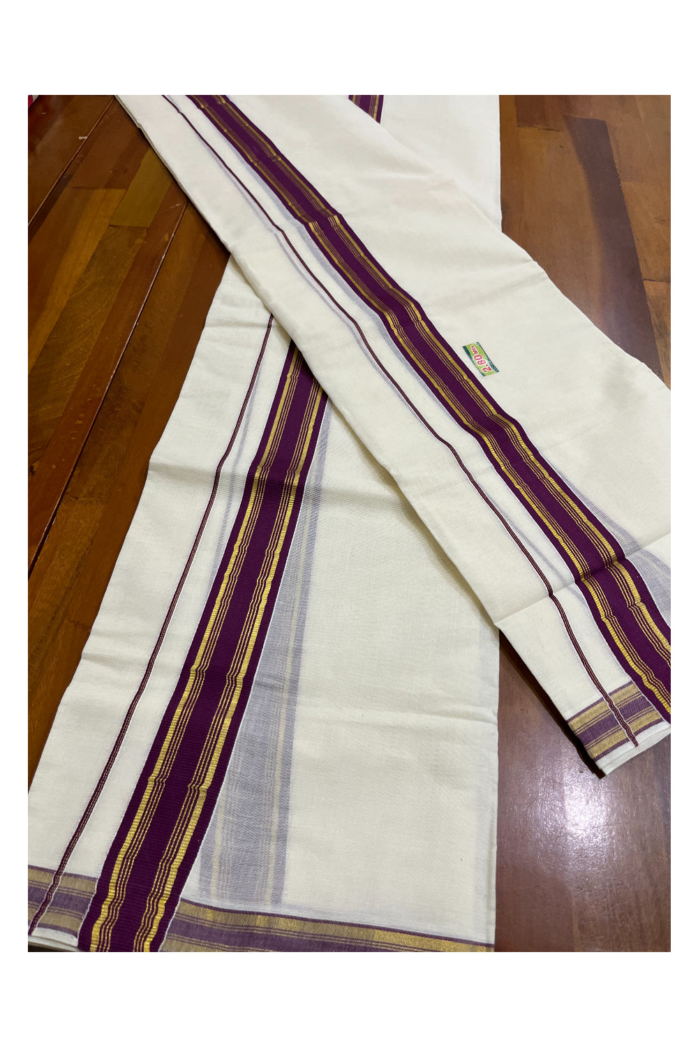 Kerala Cotton Set Mundu (Mundum Neriyathum) with Purple and Kasavu Border 2.80 Mtrs SLKK SL470