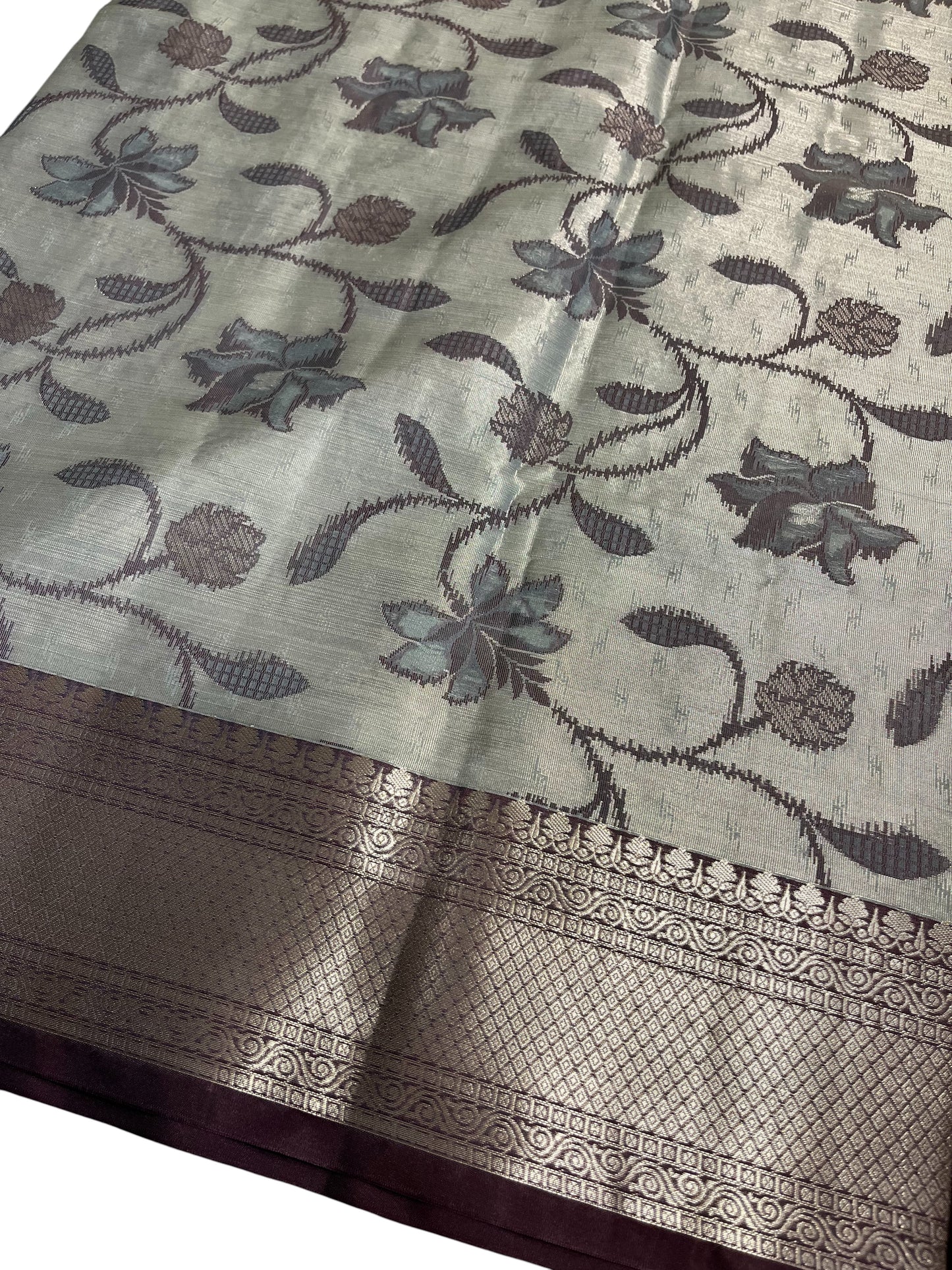 Southloom Tissue Silk Saree with Woven Work on Body and Borders (Grey & Maroon)