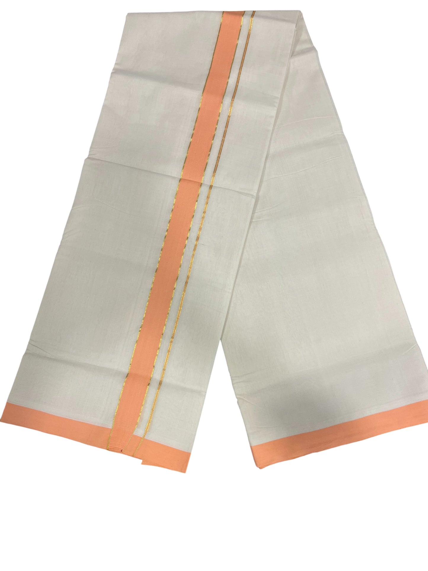 Southloom Premium Handloom Cotton Double Mundu with Peach And Kasavu Border