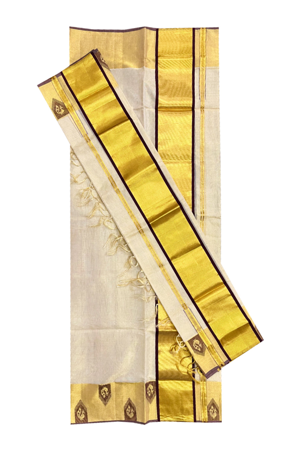 Southloom Handloom Premium Tissue Kasavu Set Mundu With Brown Peacock Woven Patterns (Mundum Neriyathum) 2.70 Mtrs
