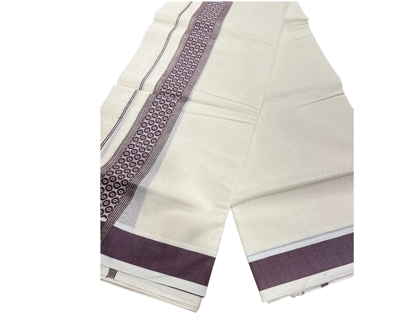 Southloom Pure Cotton Mundu With Silver Lines And Brown Print (South Indian Kerala Dhoti)