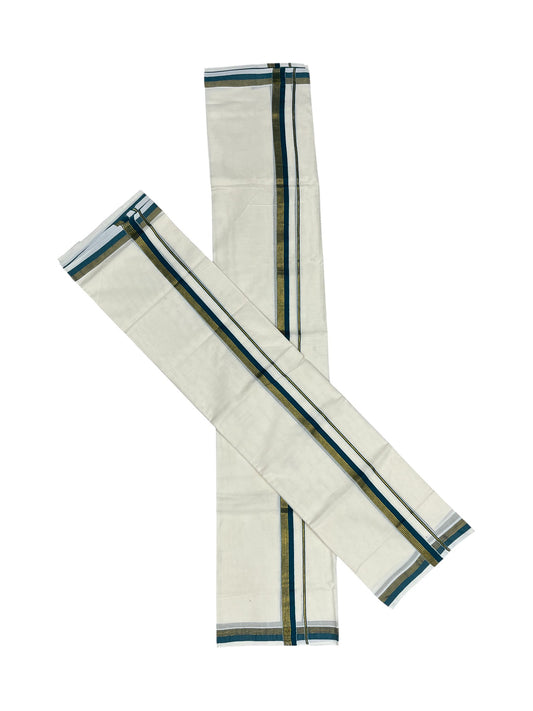 Pure Cotton Kerala Single Set Mundu (Mundum Neriyathum) with Green Kasavu Border