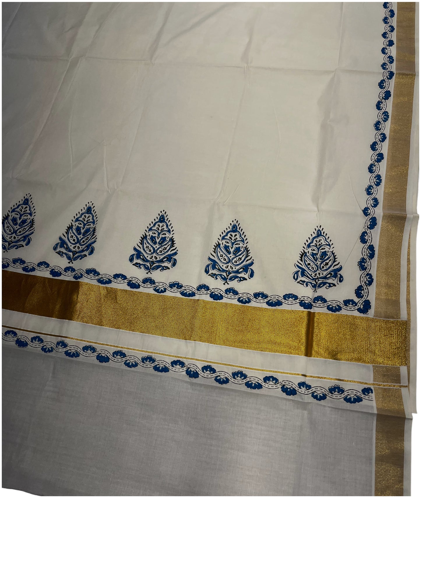 Southloom Cotton Kerala Kasavu Saree with Blue and Black Block Prints On Border