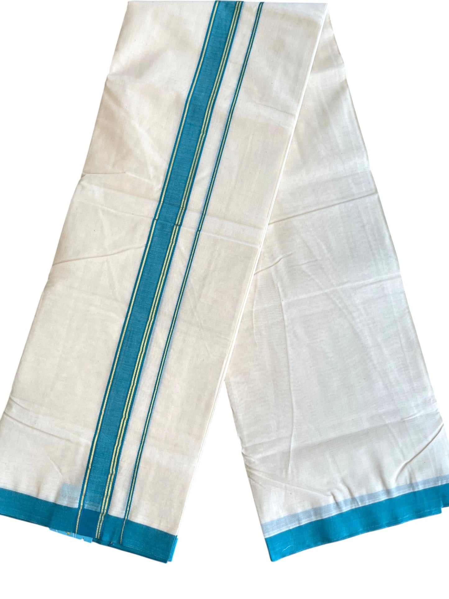 Southloom Pure Cotton Mundu with Golden Lines and Blue Border (South Indian Kerala Dhoti)