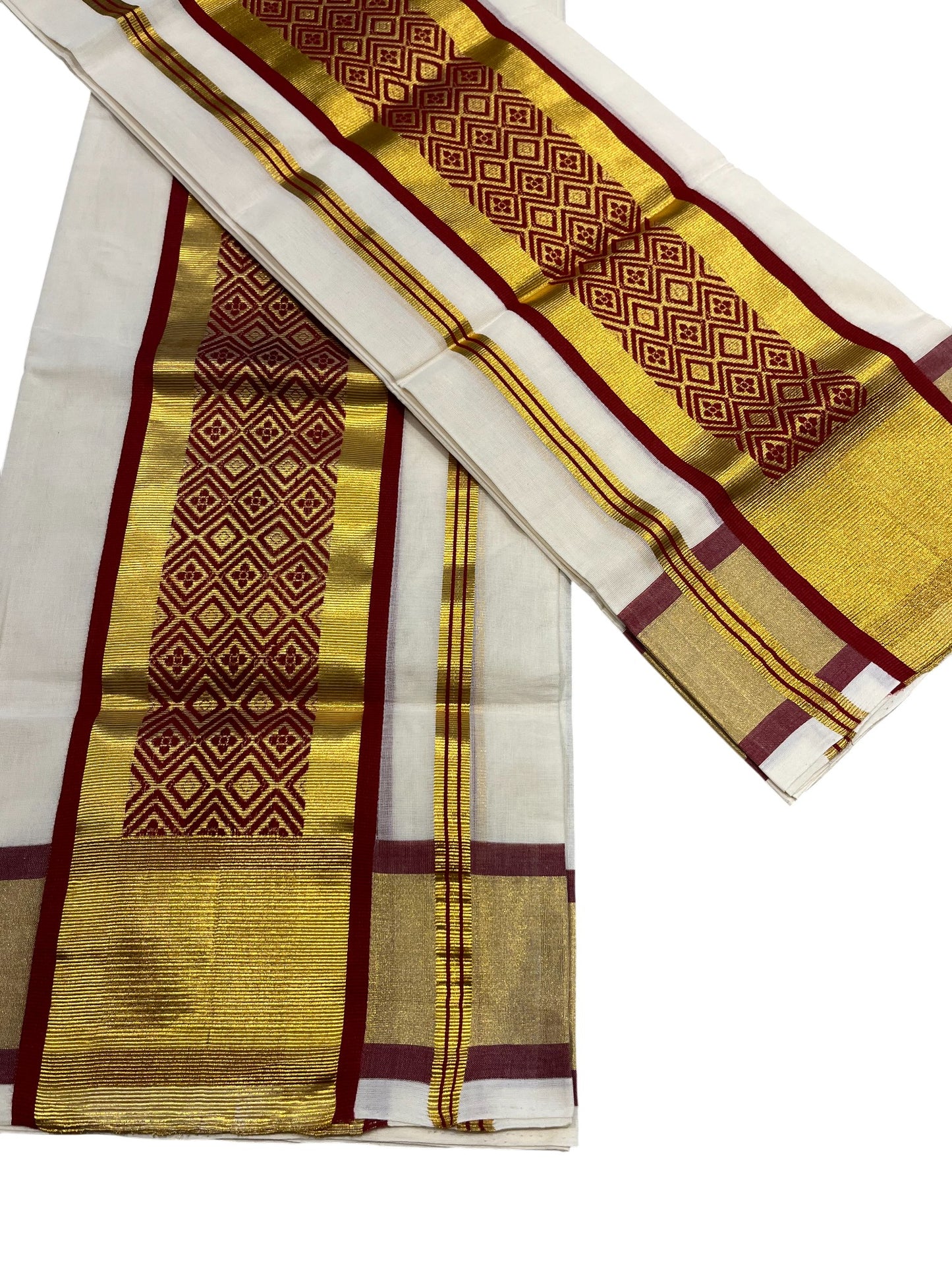 Southloom Premium Handloom Set Mundu with Kasavu Maroon and Golden Border (2.80 Mtr)