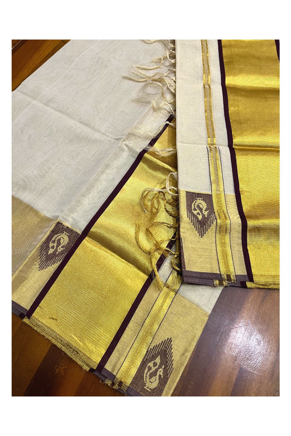 Southloom Handloom Premium Tissue Kasavu Set Mundu With Brown Peacock Woven Patterns (Mundum Neriyathum) 2.70 Mtrs