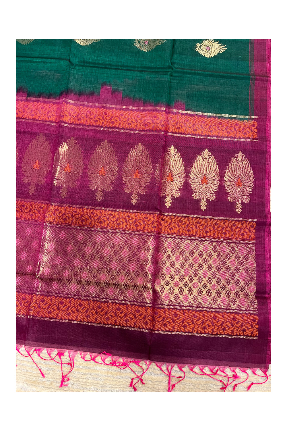 Southloom Pure Handloom Cotton Silk Saree With Handwoven Work Across Body and Blouse in Green And Magenta
