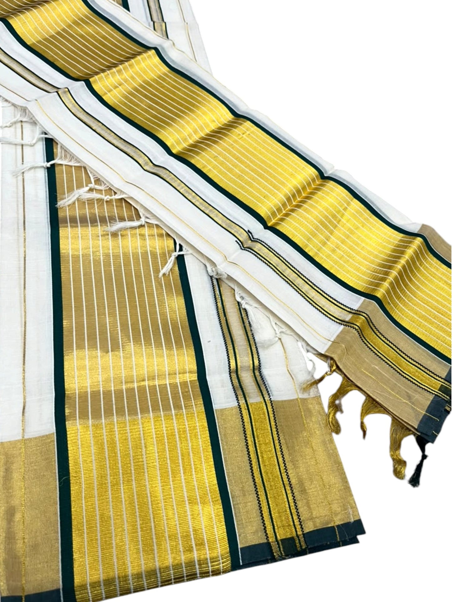Southloom Premium Cotton Handloom Set Mundu with Chuttikara Kasavu With Green And Golden Border (2.80 Mtr)