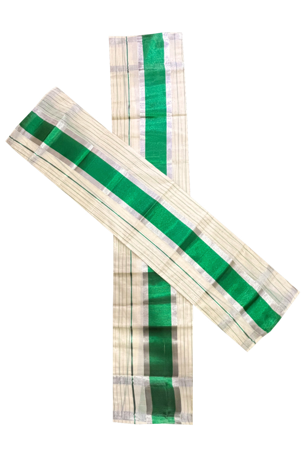 Kerala Cotton Set Mundu Single (Mundum Neriyathum) with Silver and Green Kasavu Lines Across Body 2.80 Mtrs