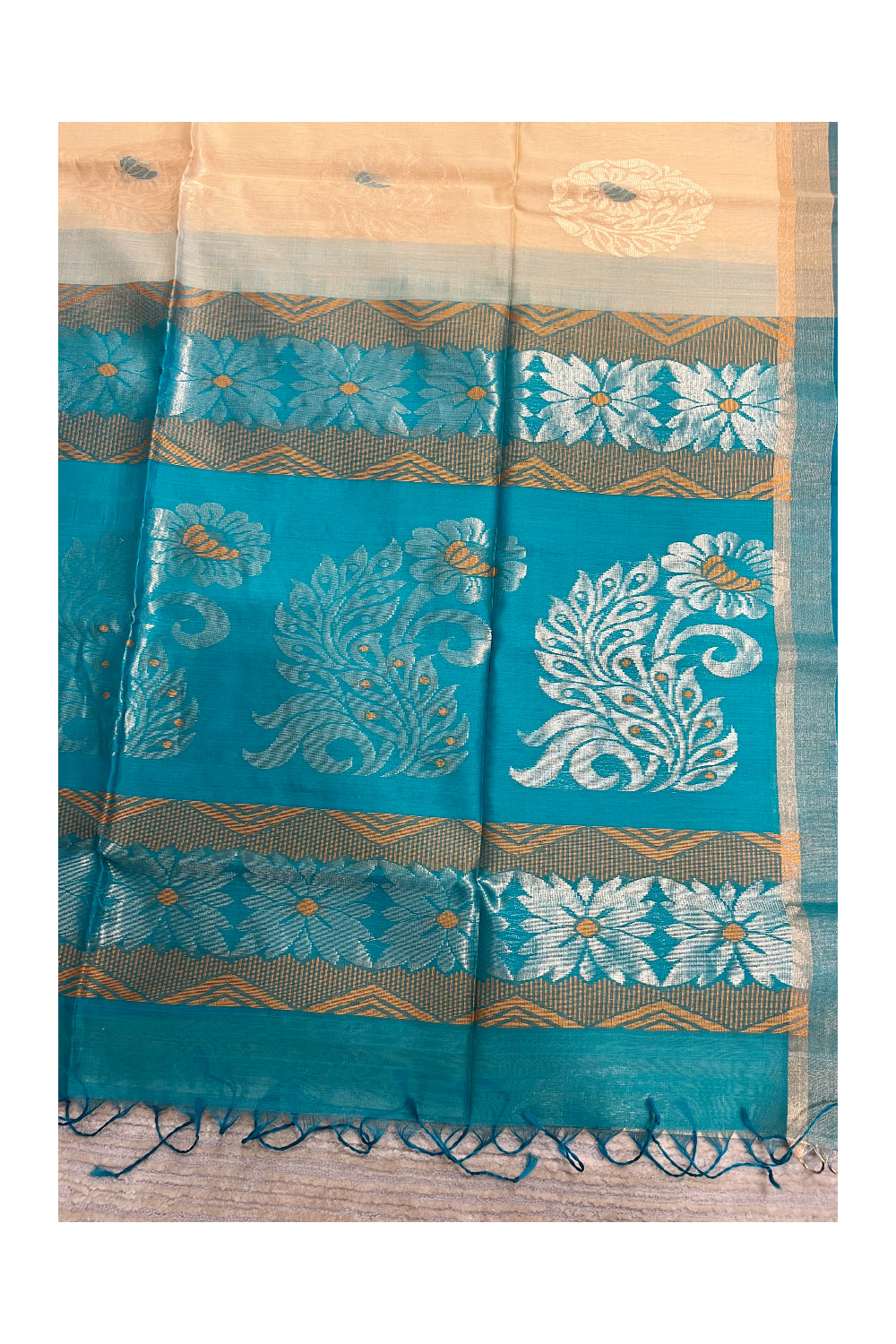 Southloom Pure Handloom Cotton Silk Saree With Handwoven Work Across Body and Blouse in Green And Beige