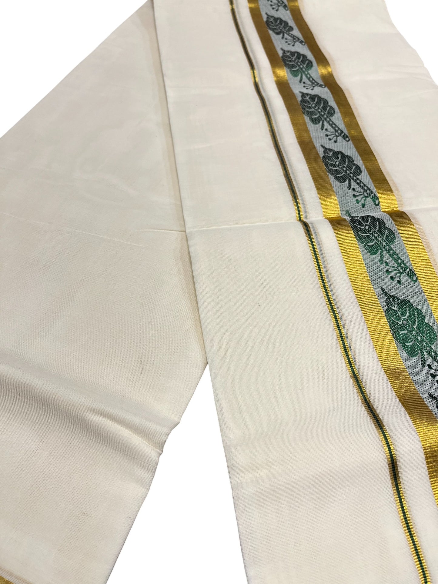 Southloom Premium Handloom Cotton Double Mundu with Gold And Green Woven Work Kasavu Border