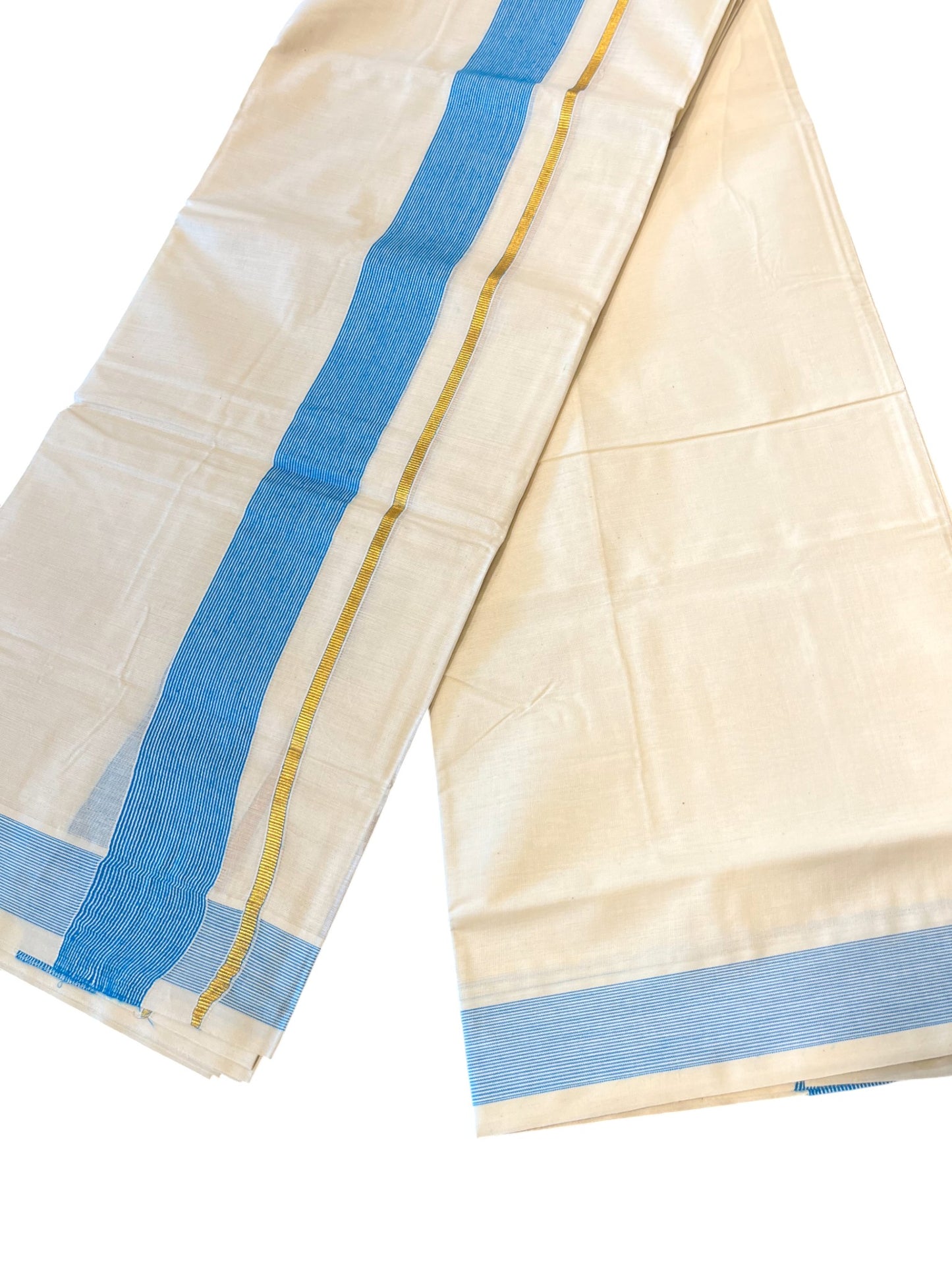 Southloom Kerala Pure Cotton Double Mundu with Gold Lines & Blue Border (South Indian Dhoti)