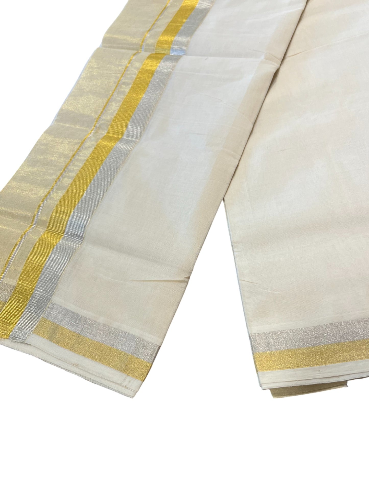 Southloom Premium Handloom Cotton Kasavu Double Mundu with Gold and Silver Border