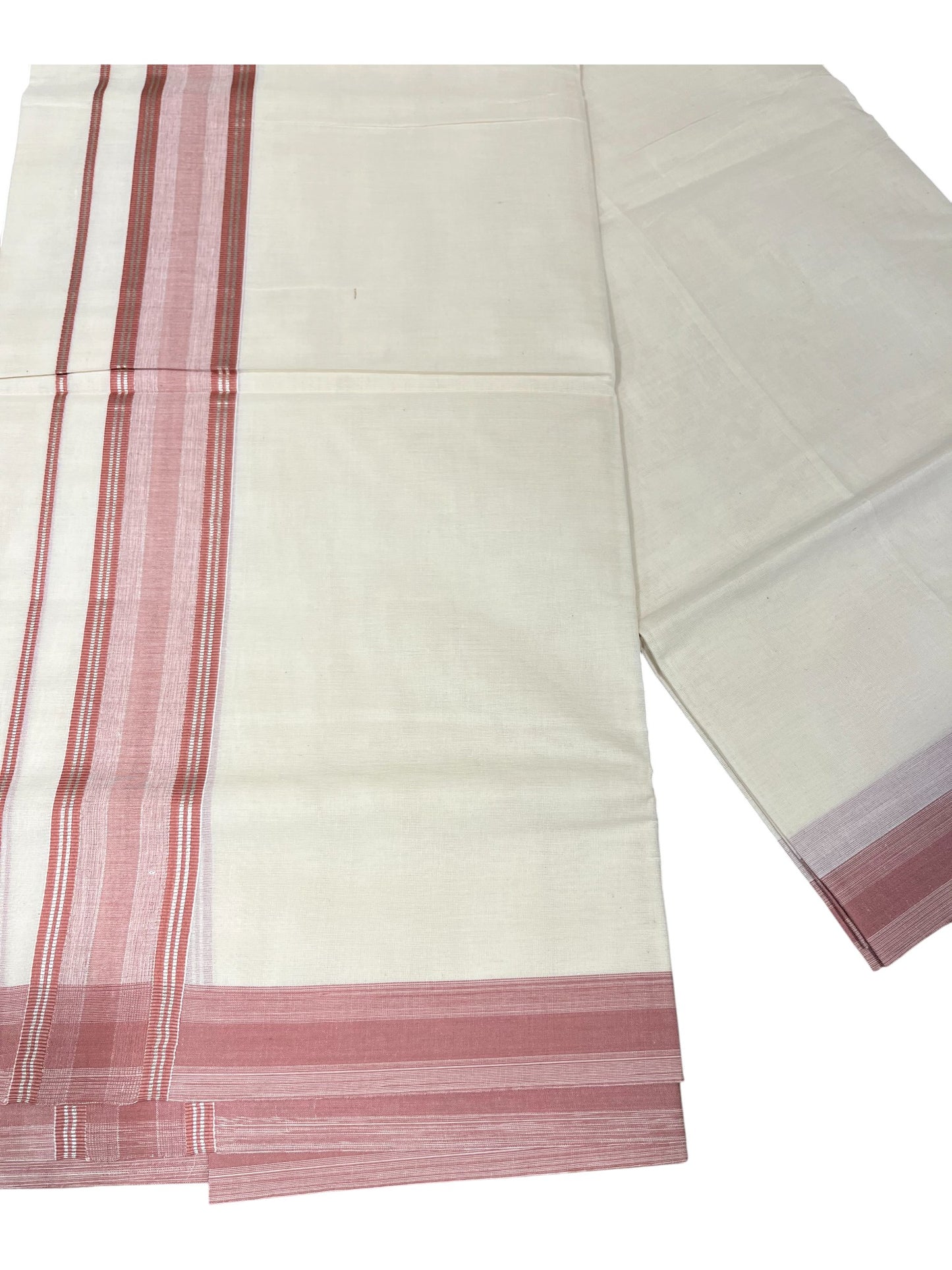 Southloom Kerala Pure Cotton Double Mundu with Peach Colour And Silver Lines Border (South Indian Dhoti)