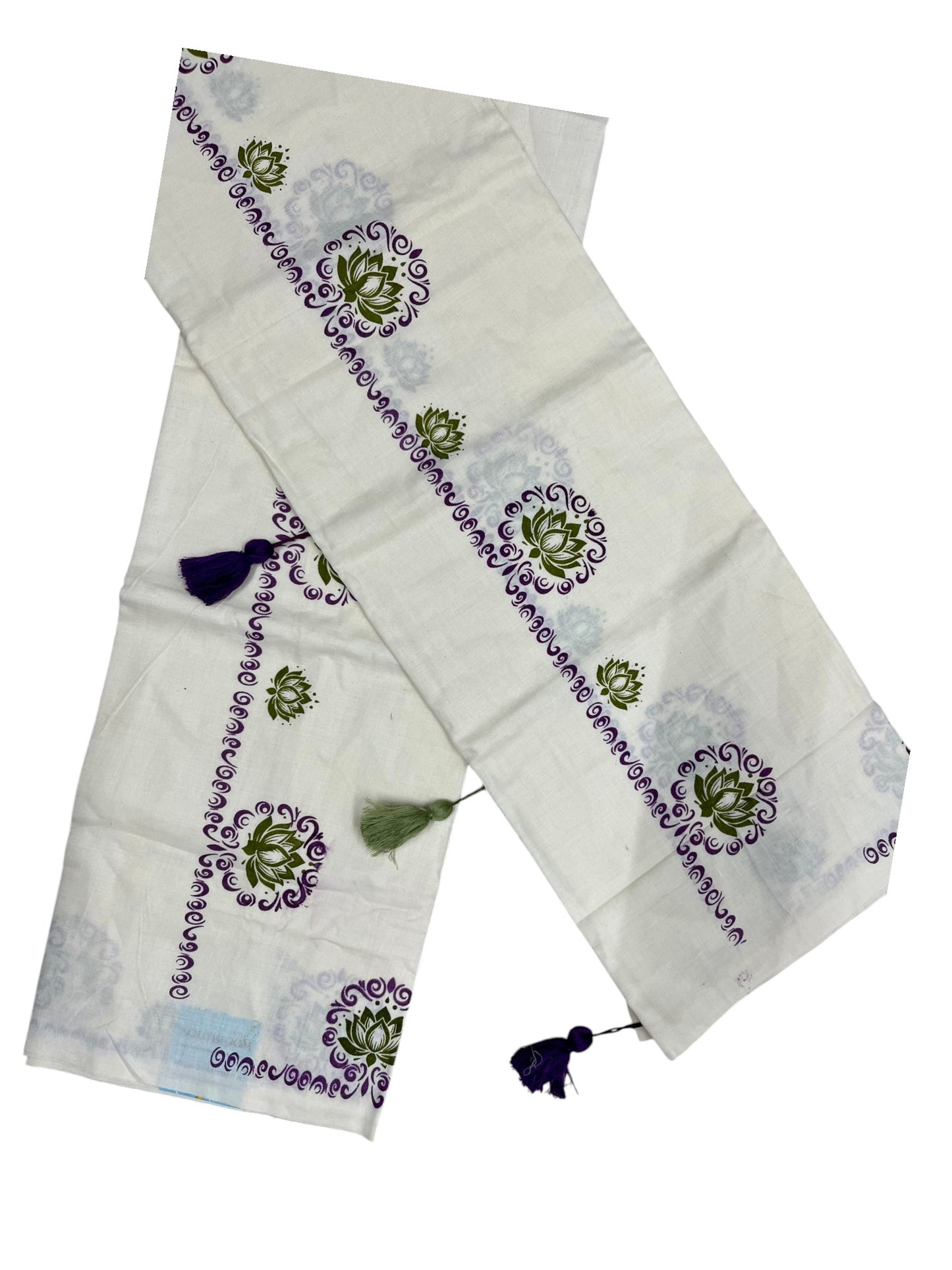 Southloom Kerala Cotton Single Set Mundu (Mundum Neriyathum) with Peach &Voilet Lotus Block Printed Design