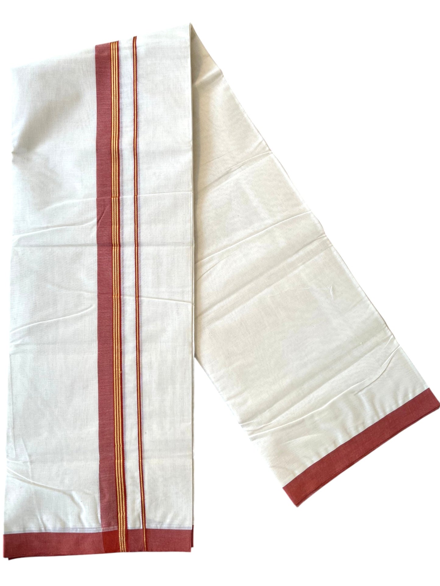 Southloom Pure Cotton Mundu with Golden Lines and Red Border (South Indian Kerala Dhoti)