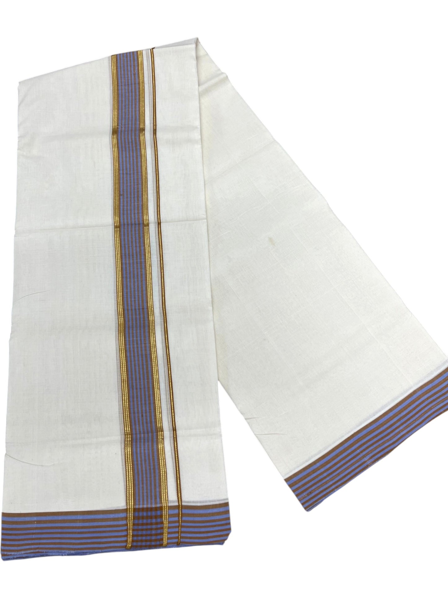 Southloom Unakkupaavu Premium Handloom Cotton Double Mundu with Gold Kasavu and Blue and Yellow Border