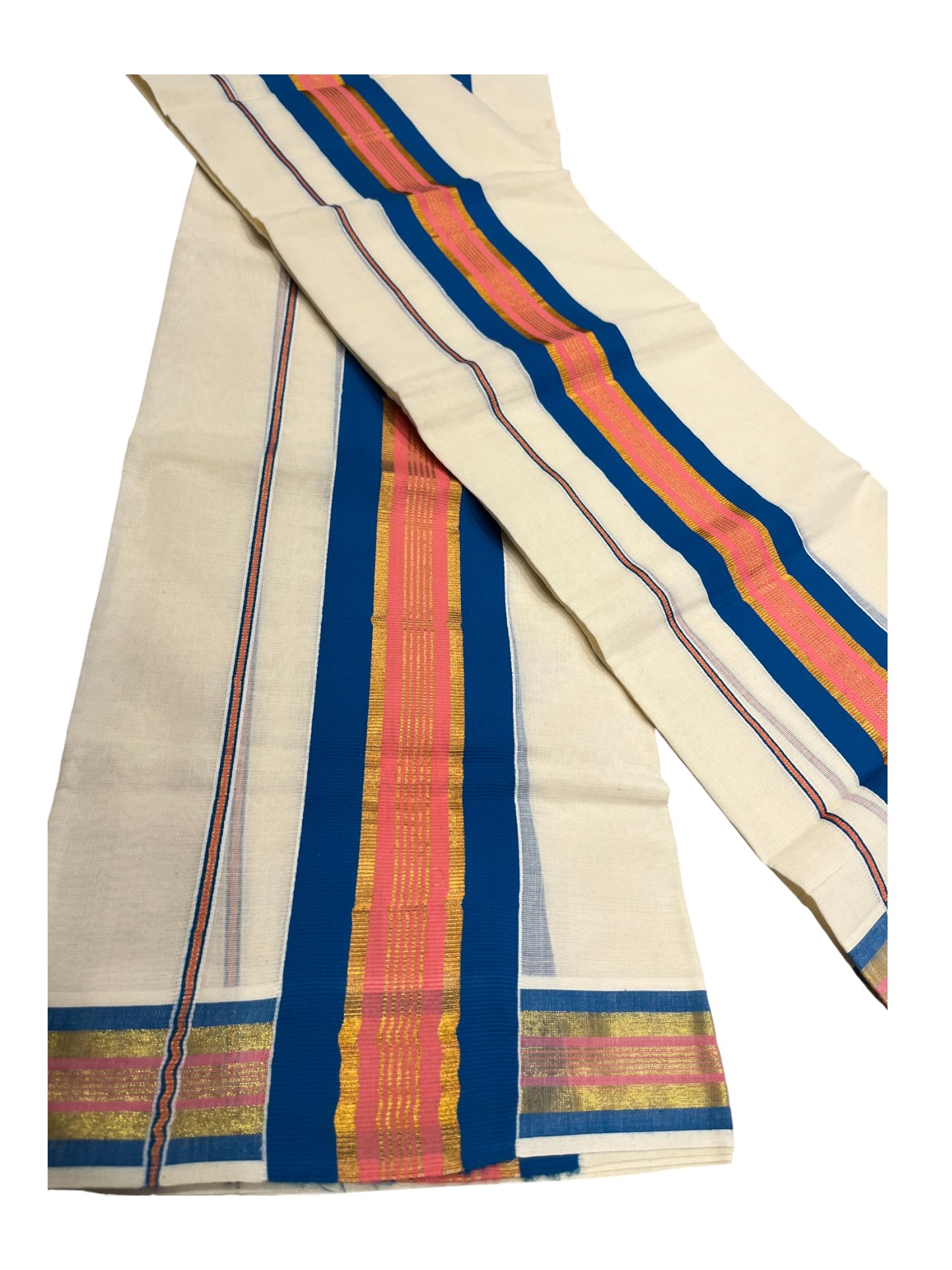 Kerala Cotton Kasavu Set Mundu (Mundum Neriyathum) with Blue and Pink Border