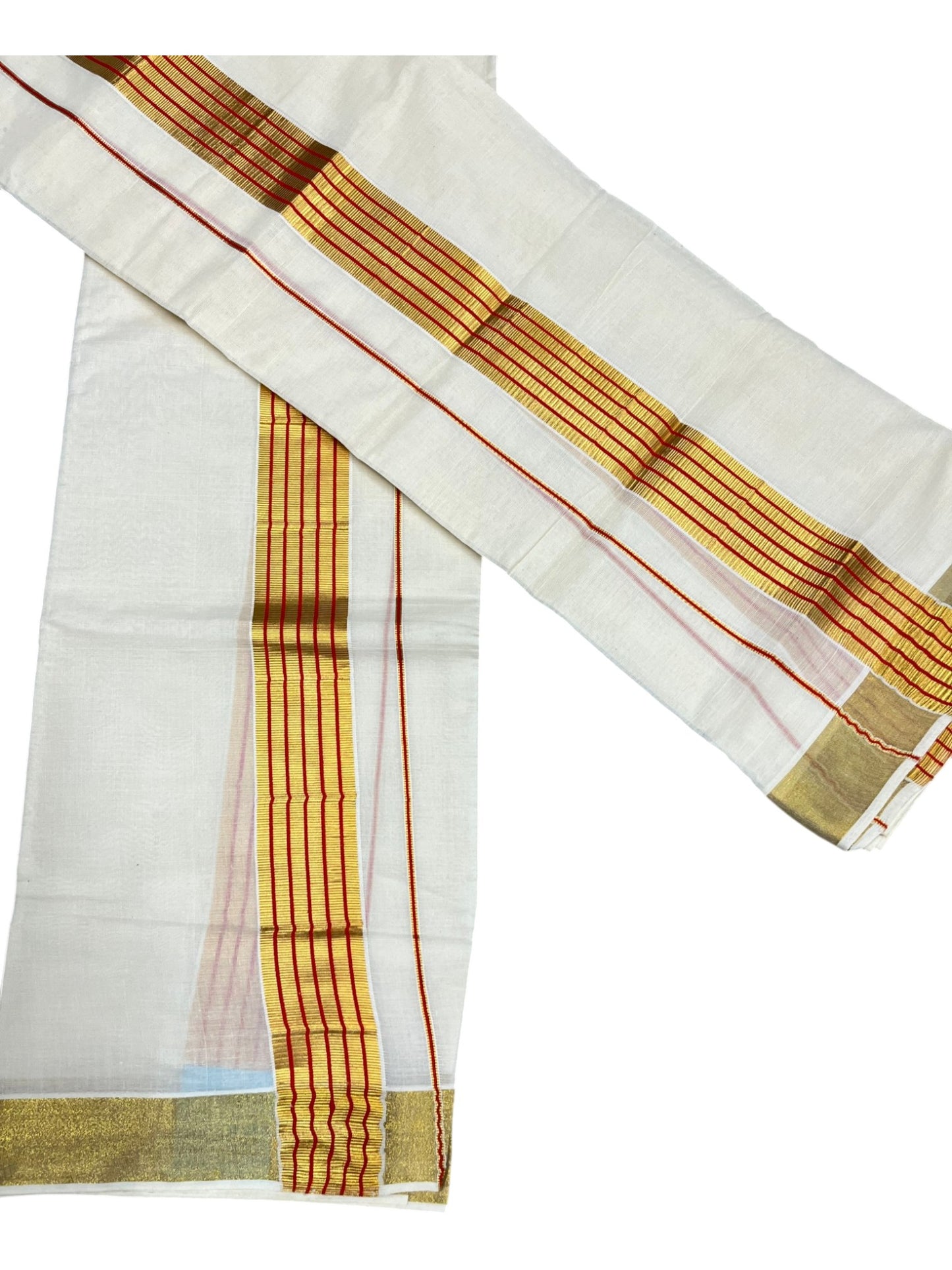 Southloom Pure Cotton Kerala Kasavu Single Set Mundu (Mundum Neriyathum) with Orange and Kasavu Border