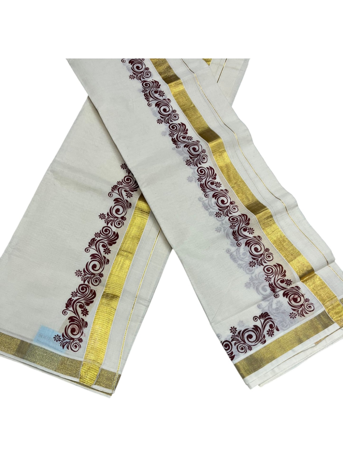 Southloom Pure Cotton Kerala Single Floral Print Set Mundu (Mundum Neriyathum) Maroon Border in 2.80 mtrs SL245