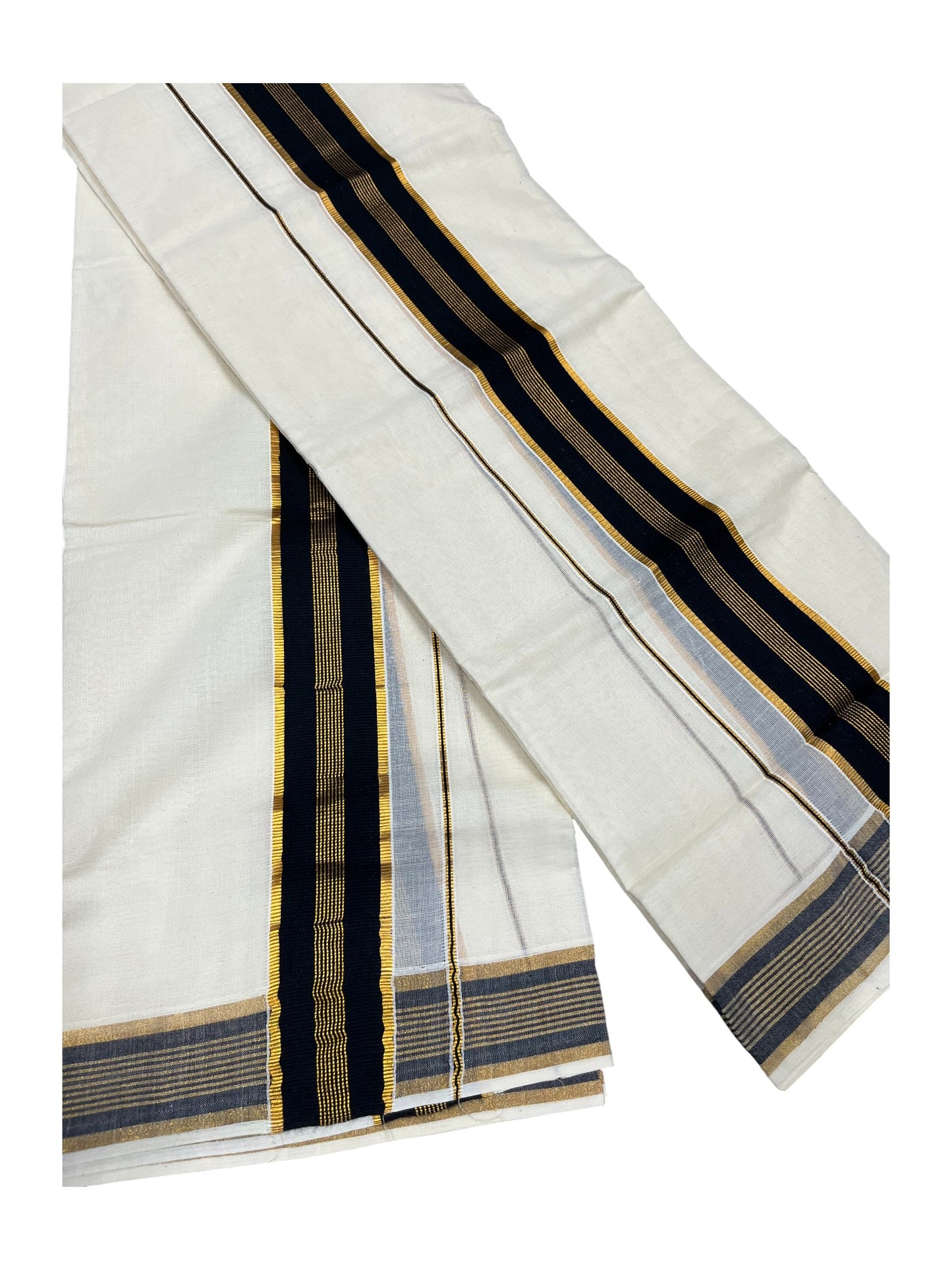 Kerala Cotton Kasavu Single Set Mundu (Mundum Neriyathum) with Black Kasavu Border in 2.80 Mtrs