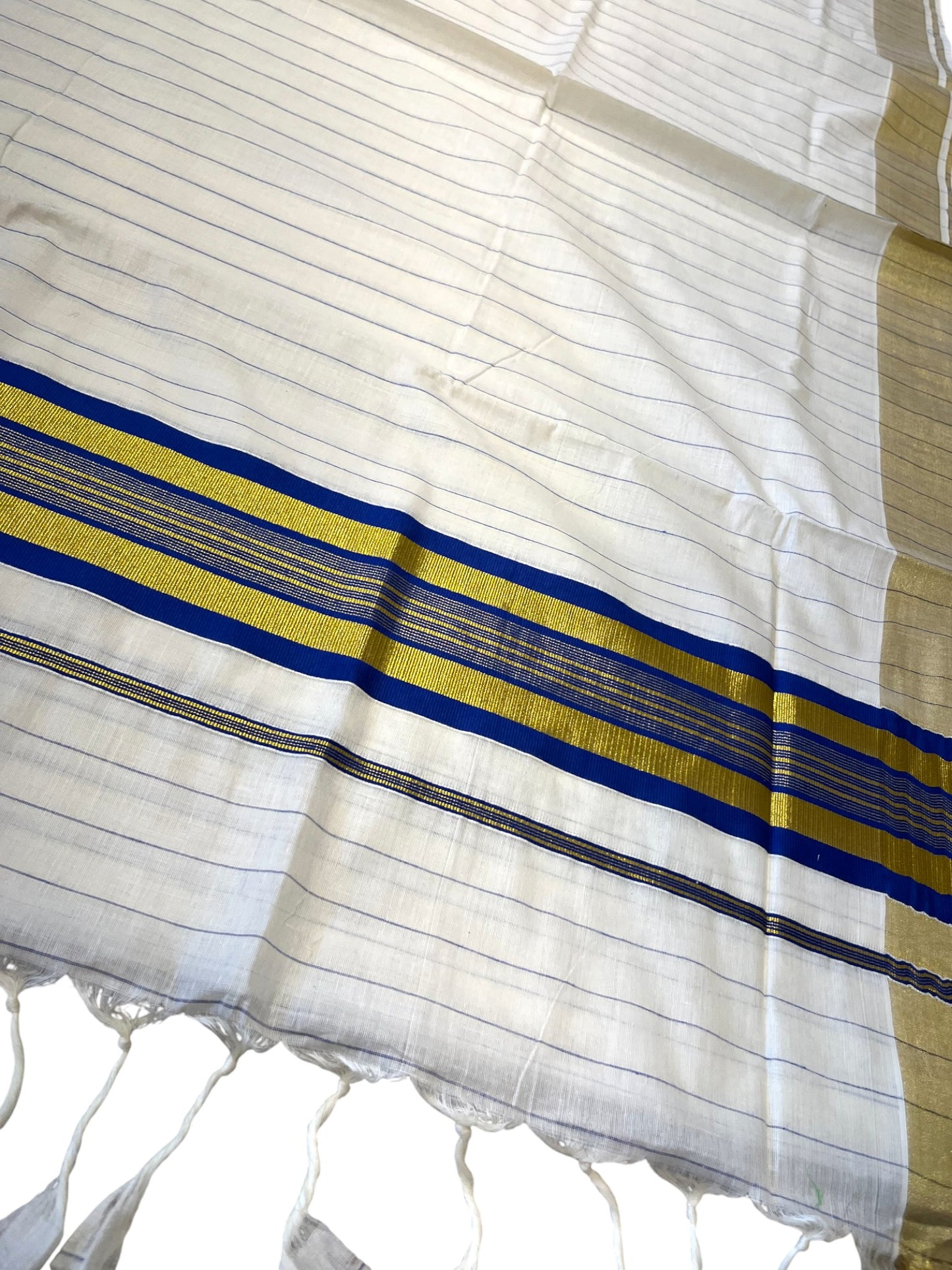 Southloom Kerala Cotton Kasavu Saree with Gold And Blue Lines on Body