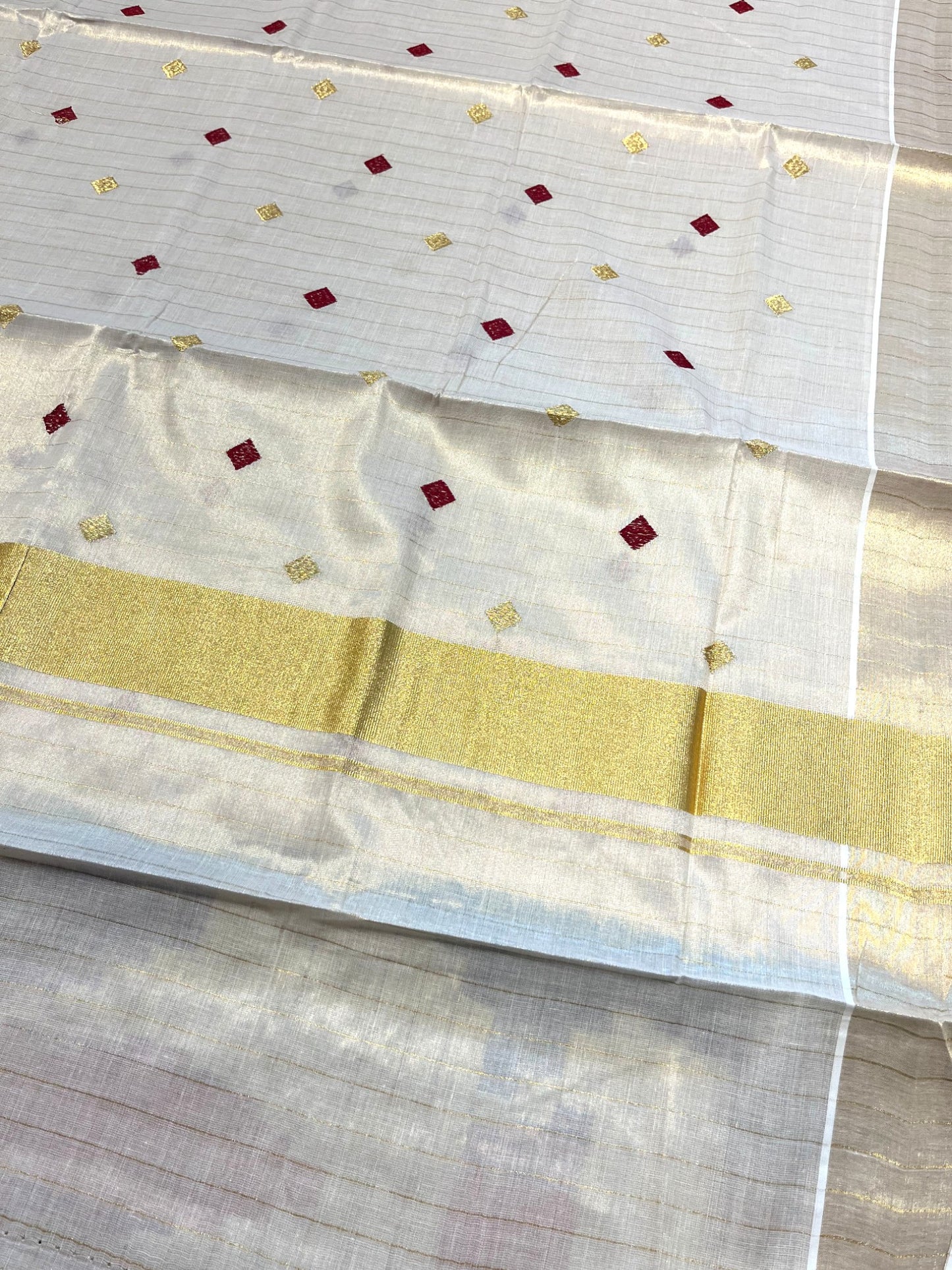 Southloom Kerala Tissue Kasavu Stripes Saree With Maroon Diagonal Embroidery on Body