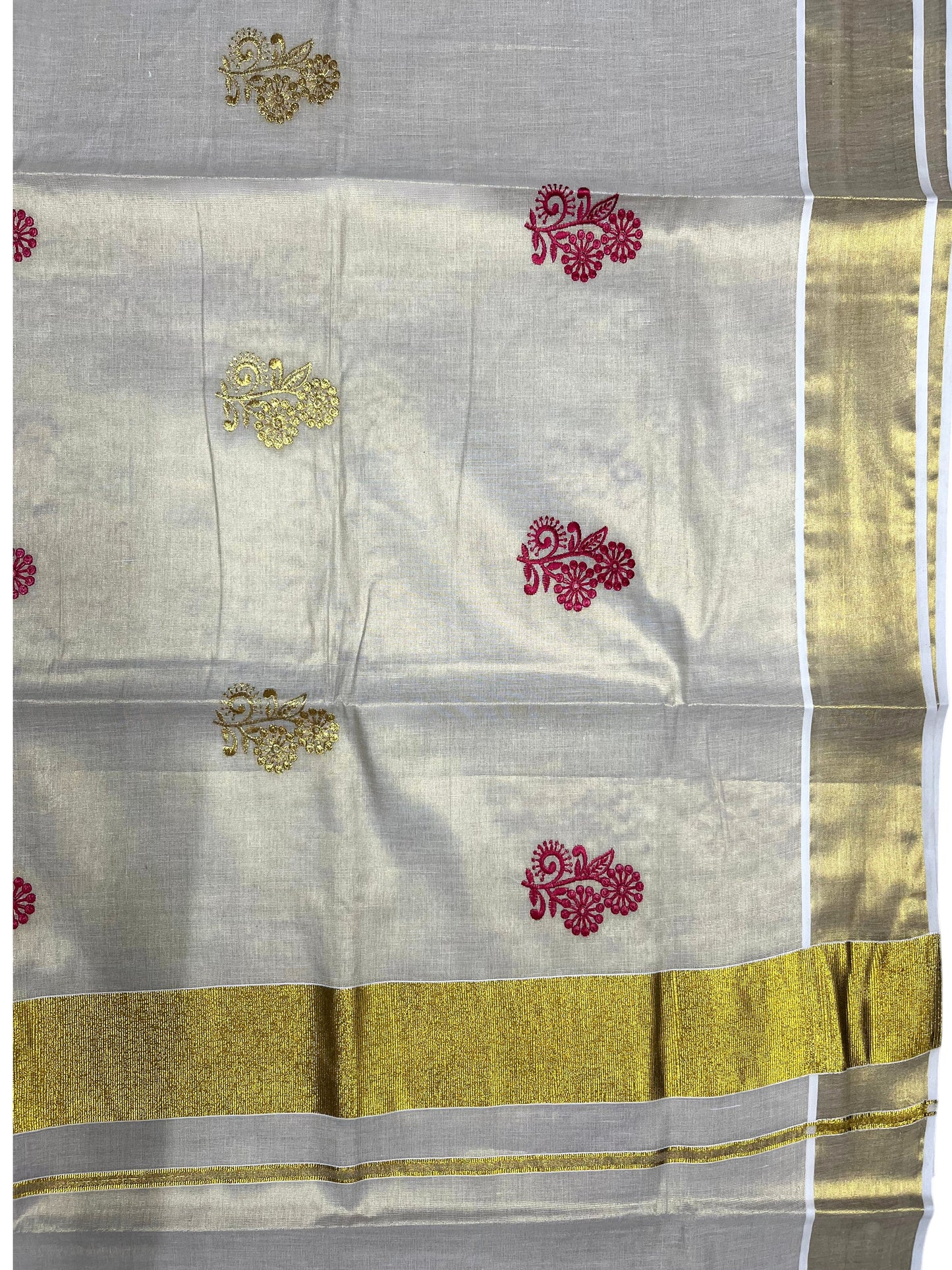 Southloom Kerala Tissue Kasavu Saree with Gold And Red Floral Embroidery Work on Body