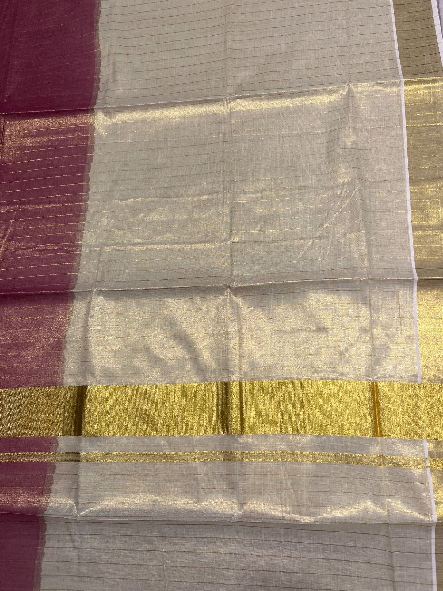 Southloom Tie & Dye - Half & Half Multi Colour Magenta Design Saree with Kasavu Border & Lines On Body