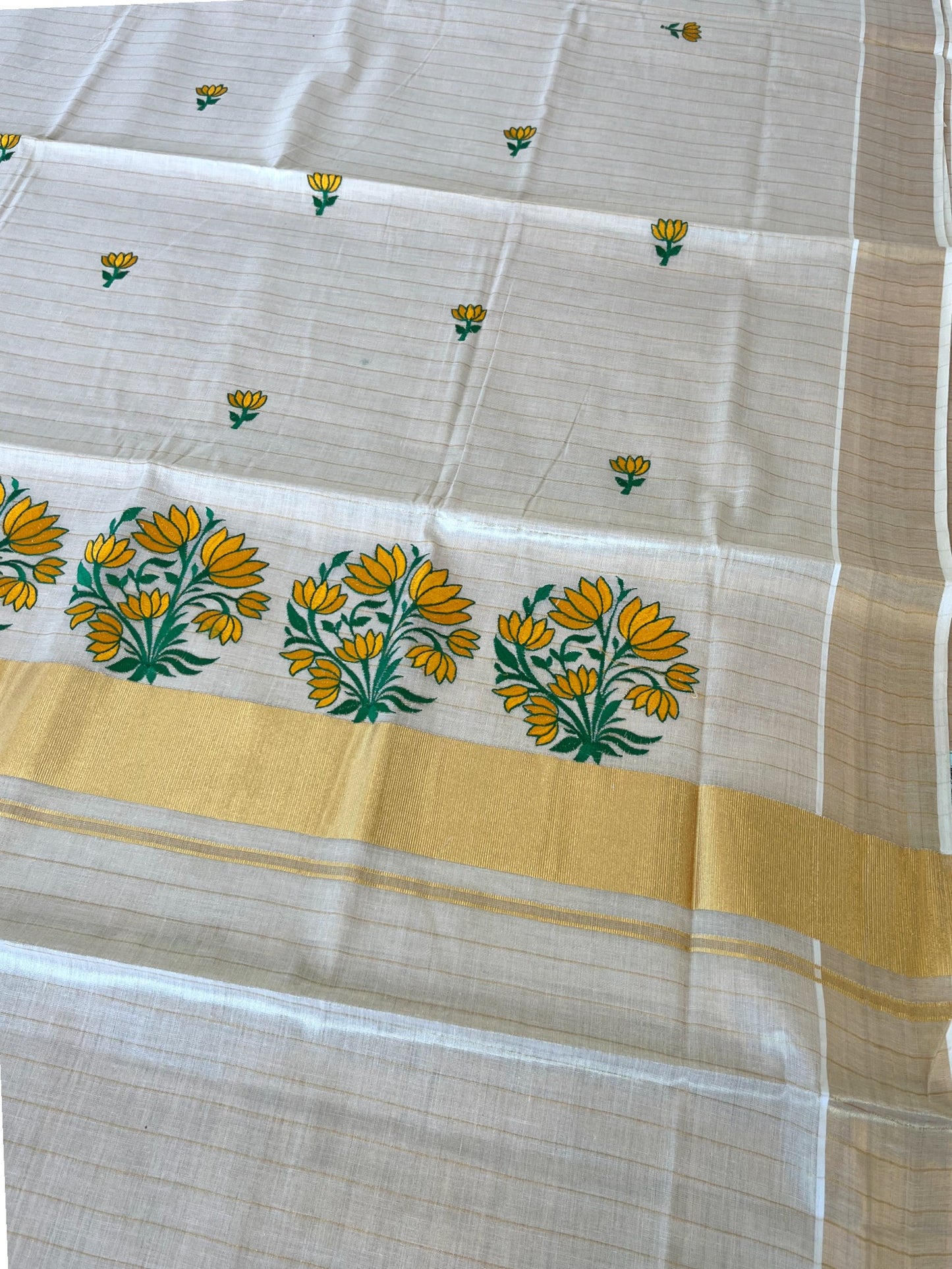 Southloom Kerala Tissue Stripes Kasavu Saree Yellow Floral Embroidery Design