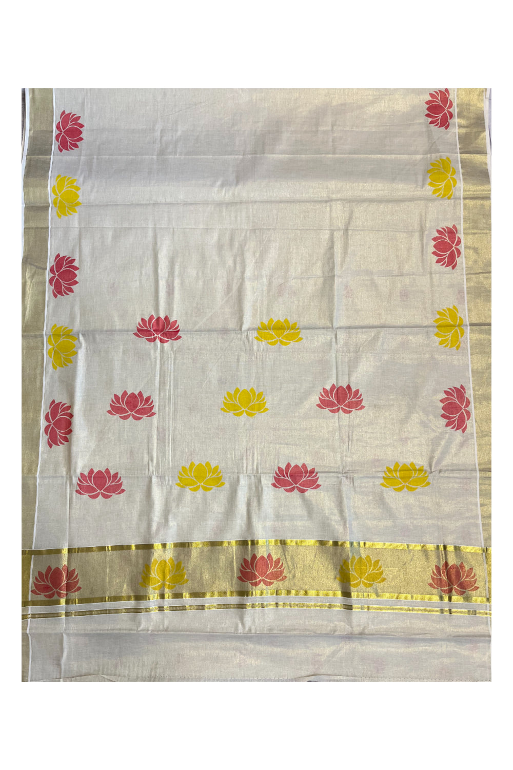 Southloom Kerala Tissue Saree with Orange And Yellow Lotus Block Prints On Kasavu Border