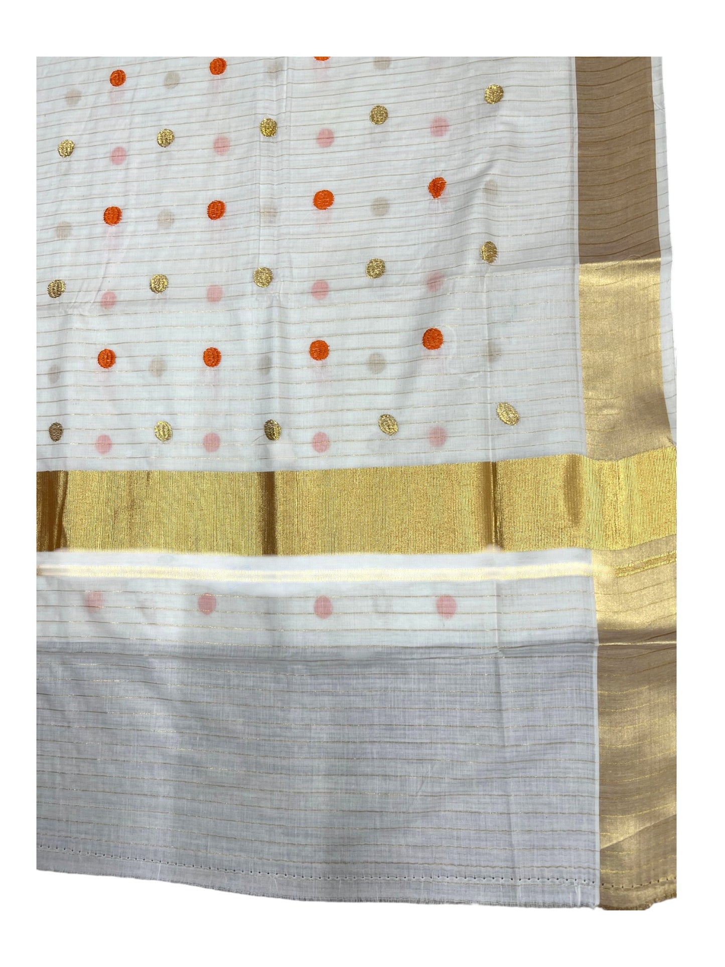 Southloom Kerala Cotton Kasavu Saree with Gold & Orange Polka Embroidery Works on Body