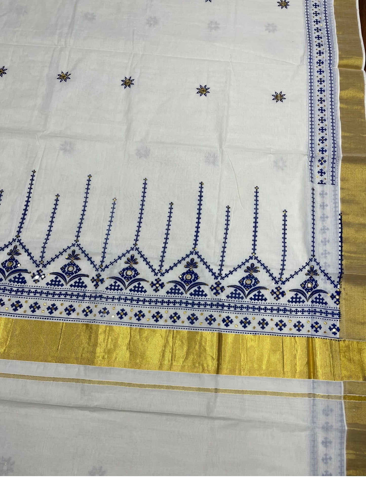 Southloom Pure Cotton Kerala Kasavu Saree with Blue Embroidery Designs