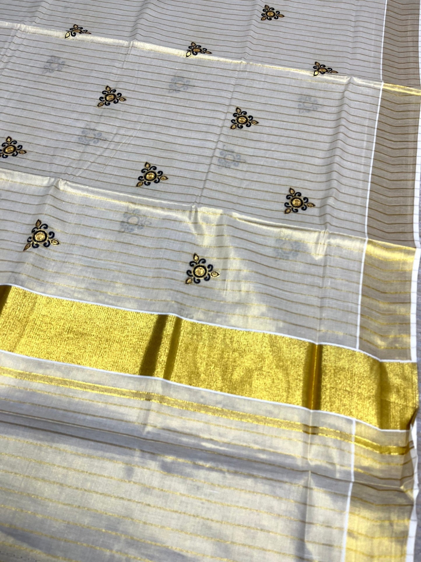 Southloom Tissue Kerala Kasavu Stripes Saree with Floral Embroidery Design in Black SL363