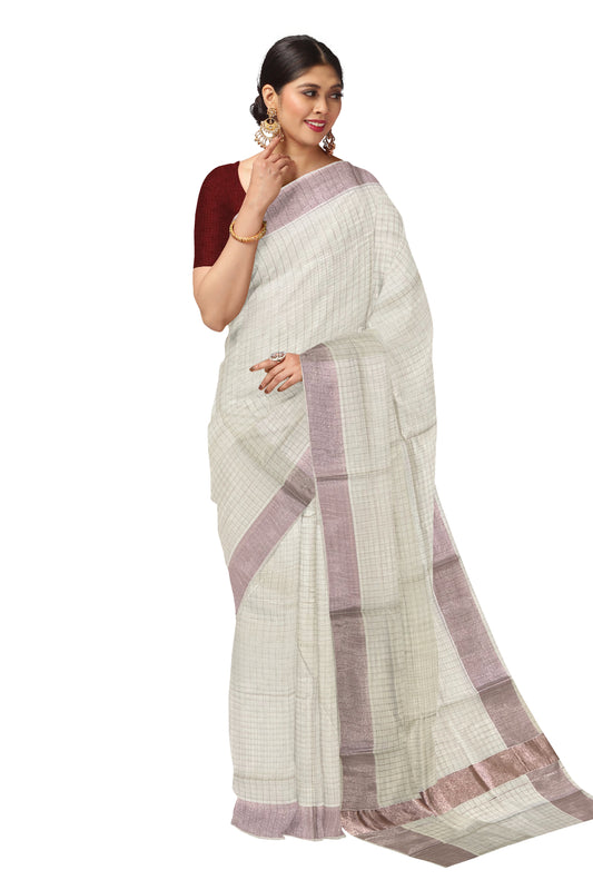Pure Cotton Kerala Rose Copper Kasavu Checks Design Saree