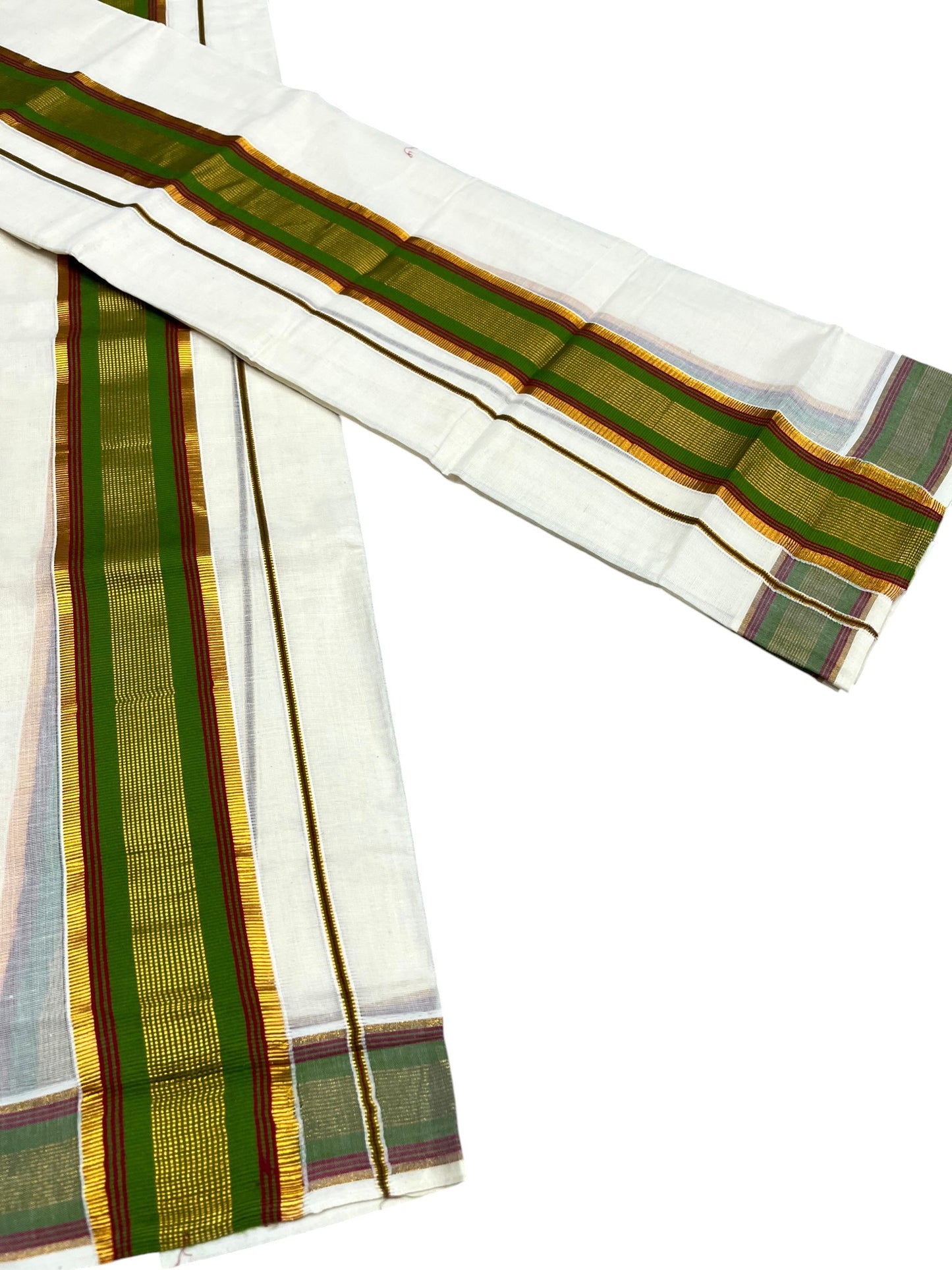 Kerala Cotton Set Mundu (Mundum Neriyathum) with Kasavu and Olive Green& Maroon Border in 2.80 Mtrs SLKK SL470