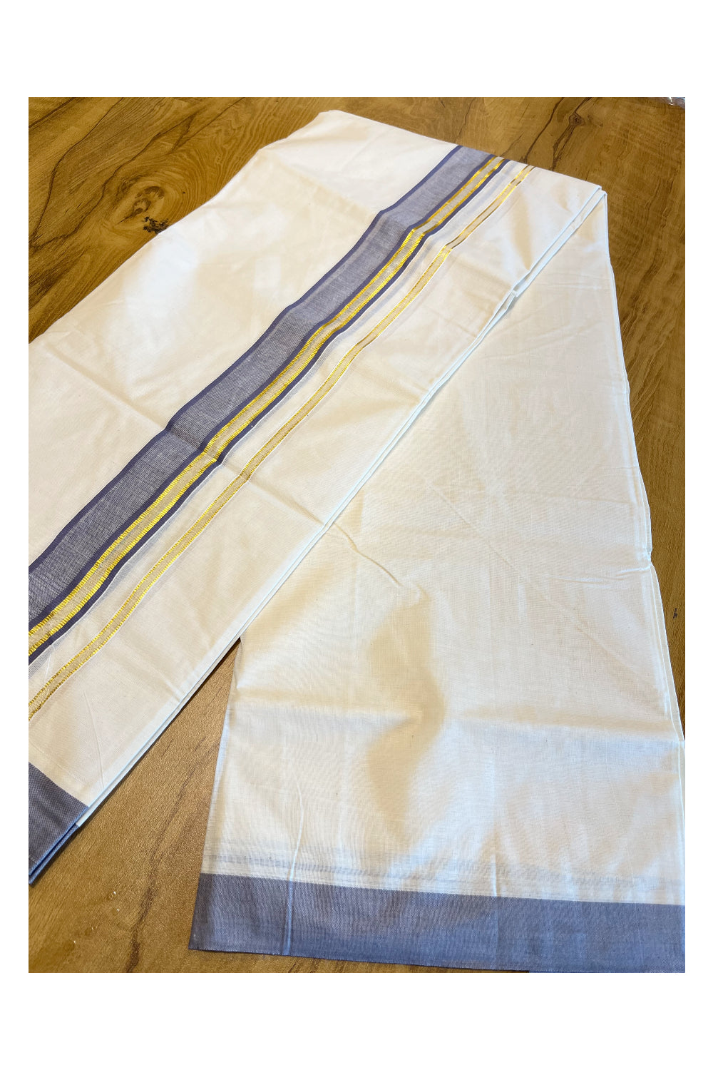 Pure Cotton Mundu with Gold Lines and Blue Border (South Indian Kerala Dhoti)