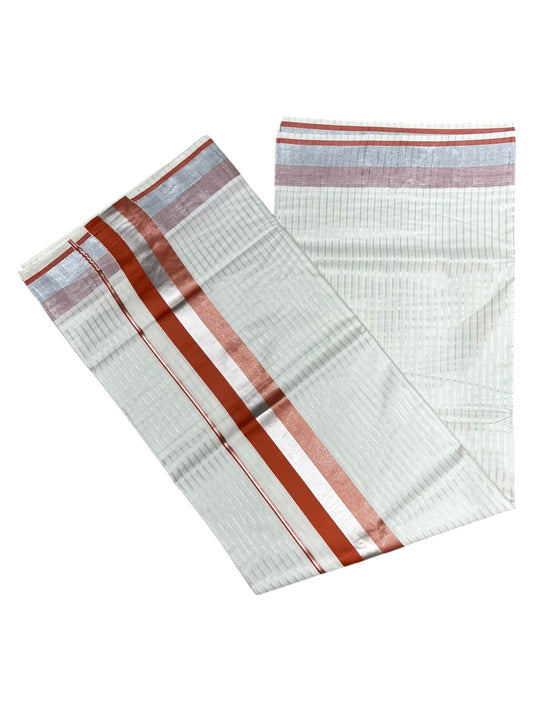 Southloom Pure Cotton Kerala Saree with Silver Kasavu Lines Across Body and Orange Border
