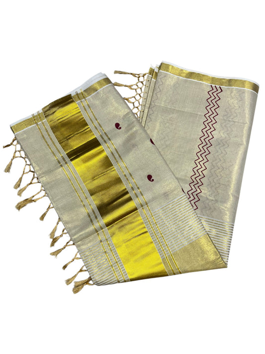 Southloom Kerala Tissue Kasavu Saree Maroon Hand Printed