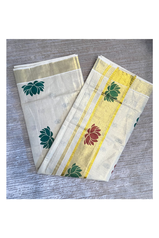 Southloom Kerala Tissue Saree with Green And Maroon Lotus Block Prints On Kasavu Border