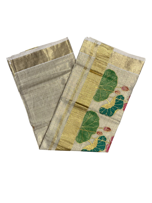 Southloom Tissue Kerala Kasavu Saree with Check Hand Painted Embroidery Lotus Design