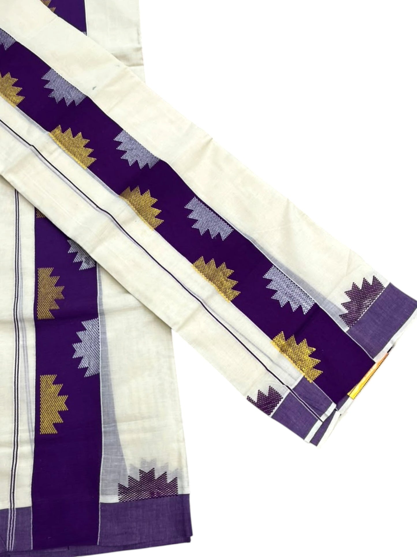 Southloom Pure Cotton Single Set Mundu (Mundum Neriyathum) With Temple Design & Voilet Border