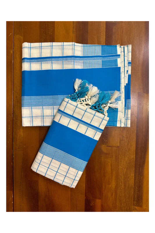 Pure Cotton Kerala Single Set Mundu (Mundum Neriyathum) with Blue Check Designs on Body 2.80 Mtrs (Vishu Collection 2024)