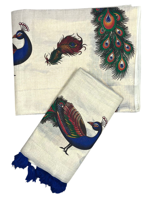 Southloom Tissue Single Set Mundu (Mundu Neriyathum) With Peacock Digital Print With Tussles in Blue 2.80 Mtrs )