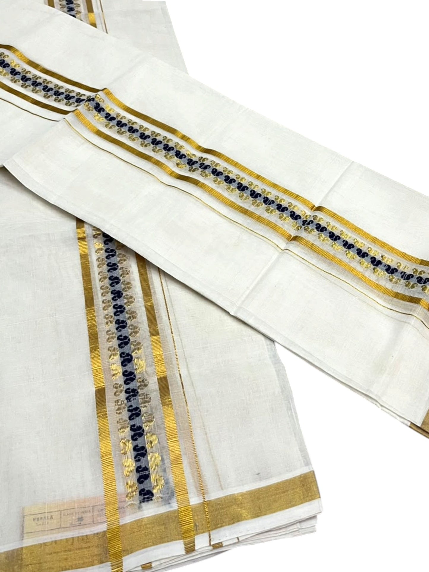 Southloom Premium Cotton Handloom Set Mundu With Blue Woven Dots Design And Golde Kasavu Border (2.80 Mtr) SL632