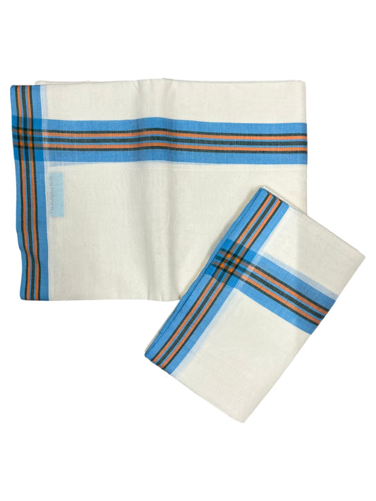 Southloom Pure Cotton Kerala Single Mulloth Set Mundu (Mundum Neriyathum) Blue & Orange Border in 2.50 mtrs SL243