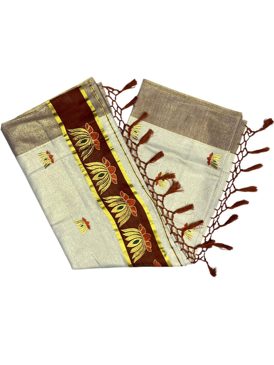 Southloom Kerala Tissue Kasavu Saree with Brown And Golden Lotus Embroidary Works on Body SL273