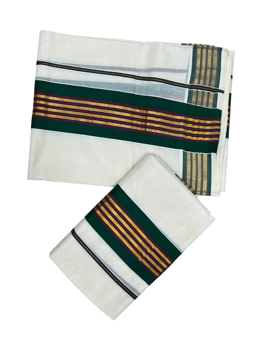 Kerala Cotton Kasavu Single Set Mundu (Mundum Neriyathum) with Pink and Gold Lines Green Border in 2.80 Mtrs