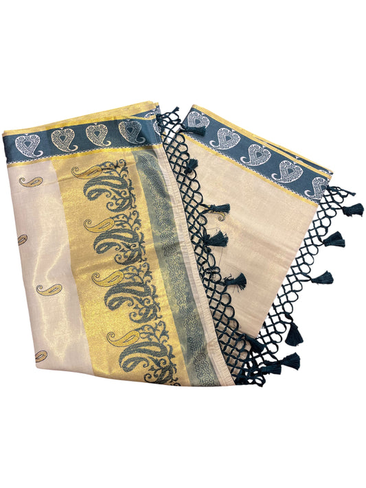 Southloom Kerala Tissue Kasavu Plain Saree with Green Floral Embroidery Works and Tassels