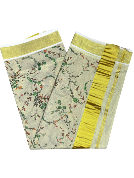 Southloom Tissue Kalamkari Print Kerala Kasavu Saree in Green